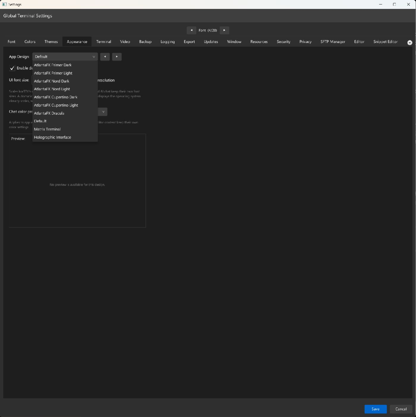 Appearance settings tab