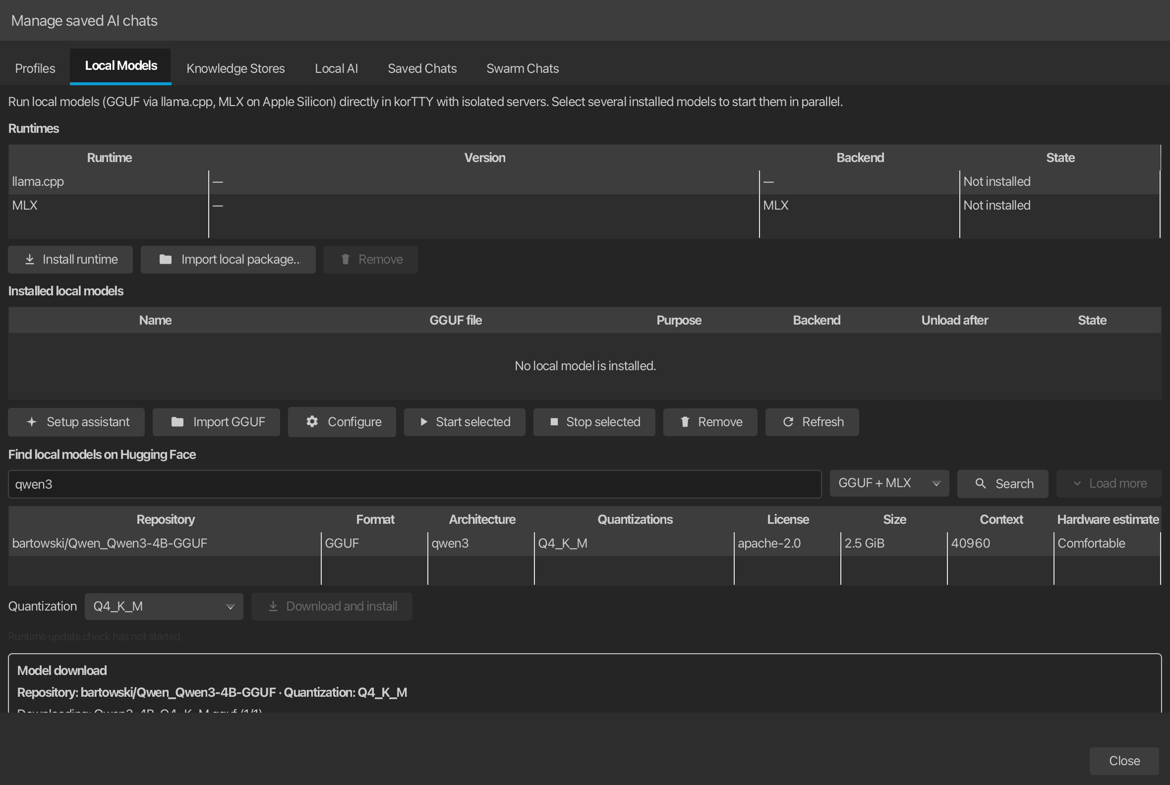 Local Models showing the sortable Hugging Face browser with format filter and a GGUF download in progress