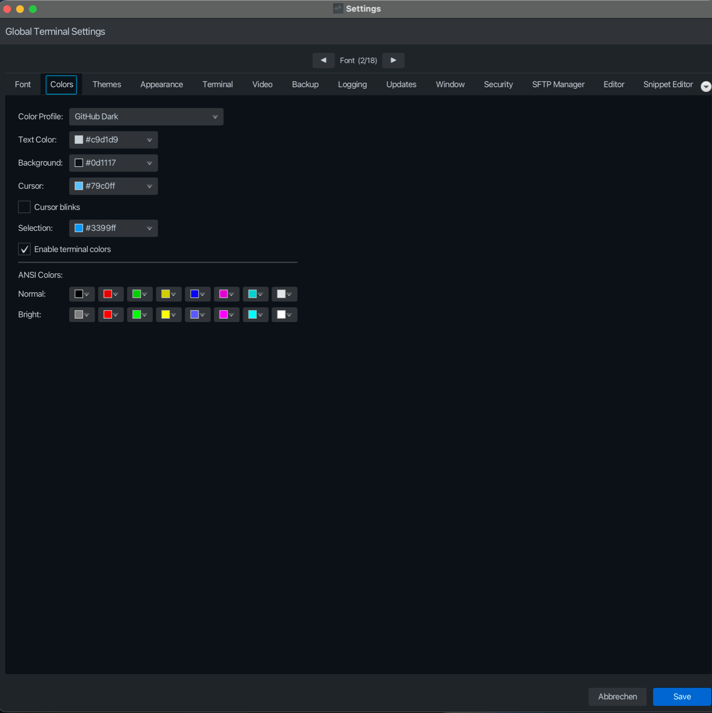 Colors settings tab