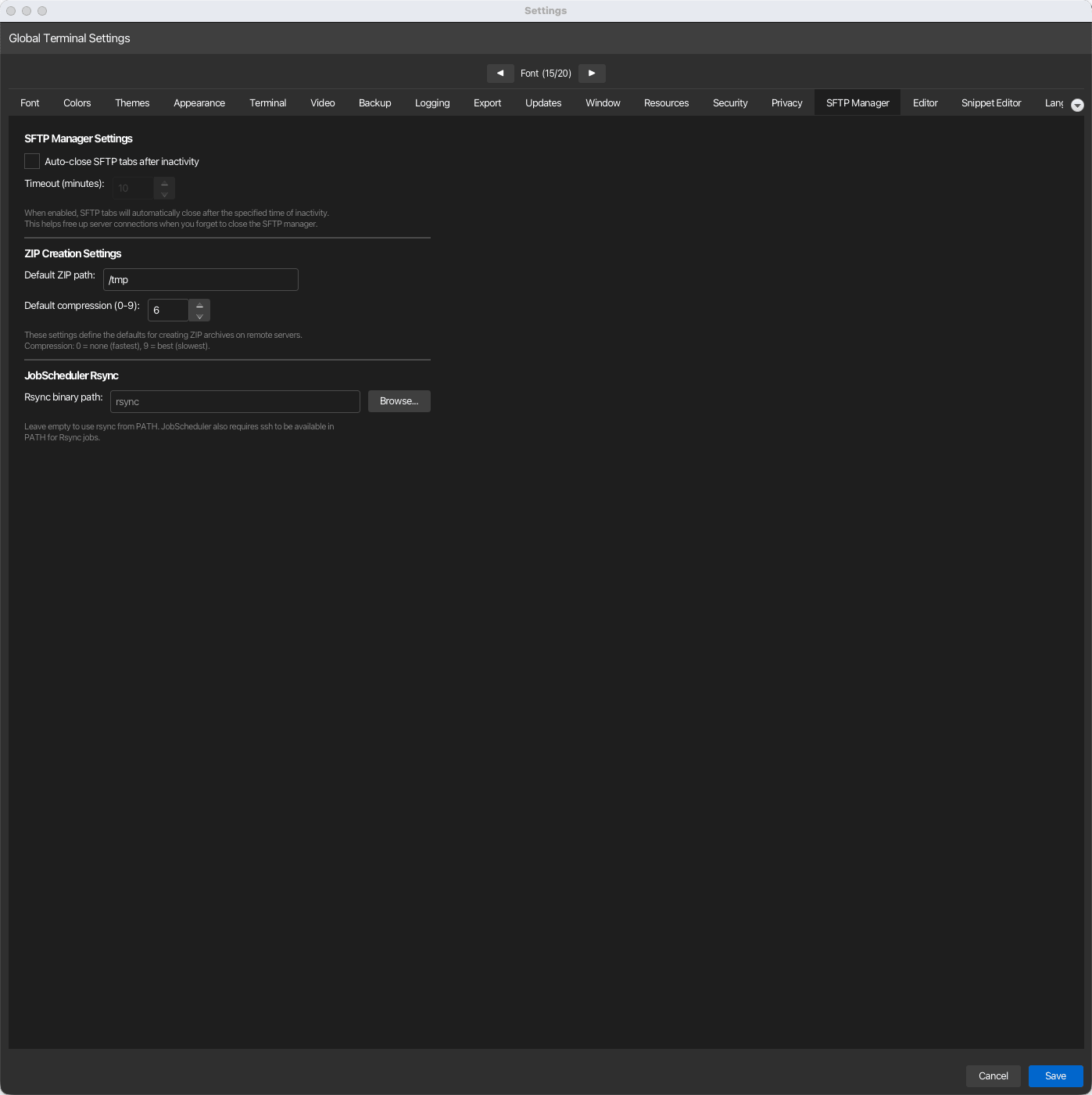 SFTP Manager settings tab