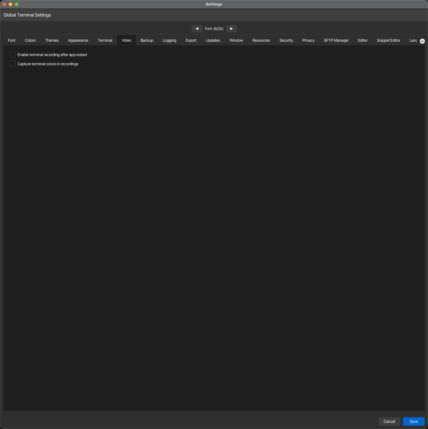 Video settings tab
