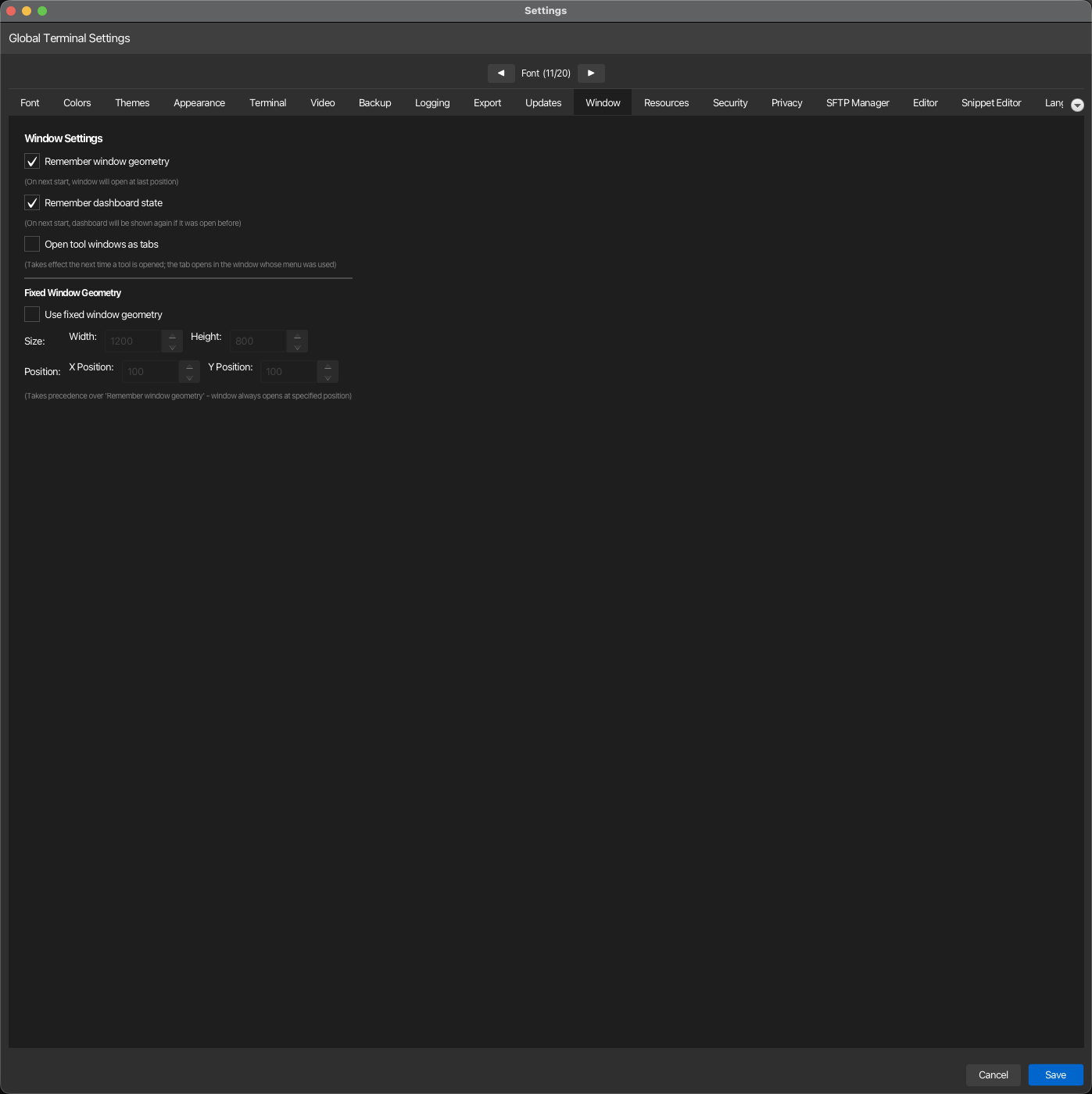 Window settings tab
